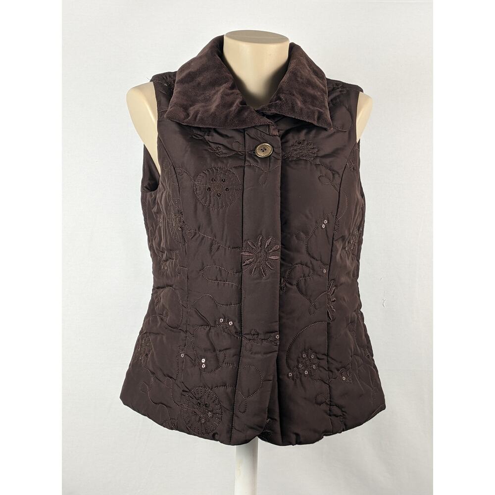 Sag Harbor Puffer Vest Sequin Embellishment PS Brown Snap Button Closure Classy